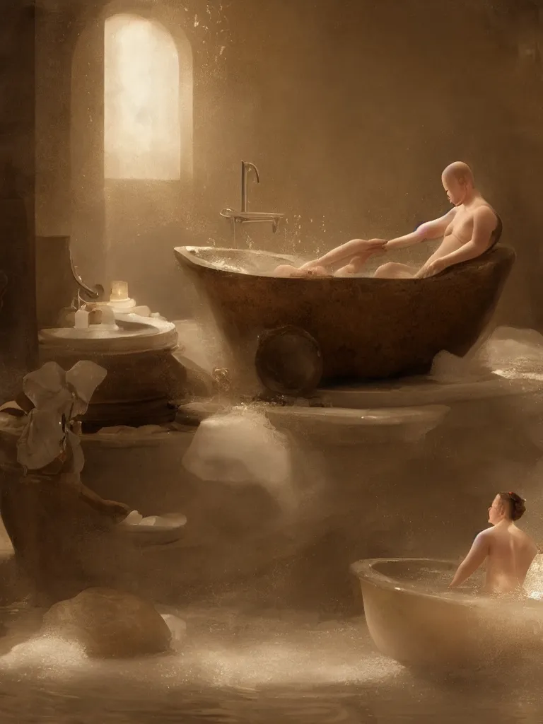 Prompt: steaming bath in a clubfoot bathtub by disney concept artists, blunt borders, rule of thirds, golden ratio, godly light