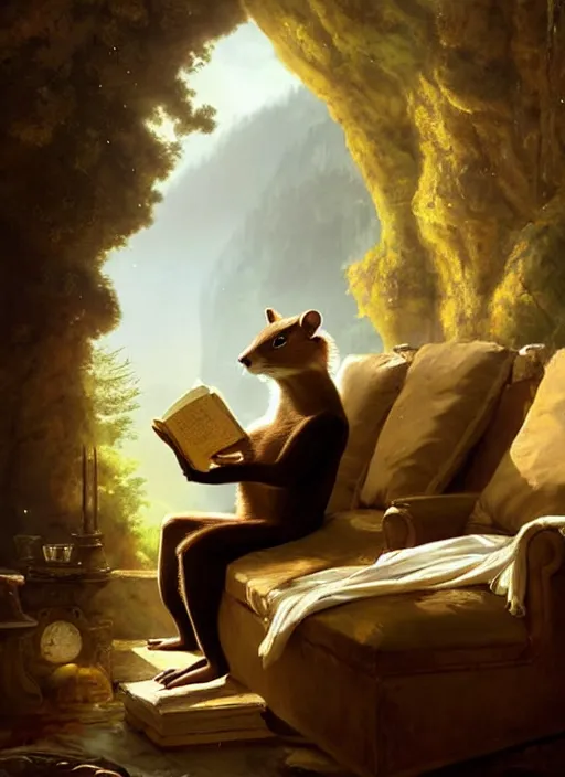 Prompt: a beautiful scene from a 2 0 2 2 fantasy film featuring a humanoid pine marten with golden eyes wearing a loose white tunic reading on a couch. joseph ducreux, greg rutkowski.