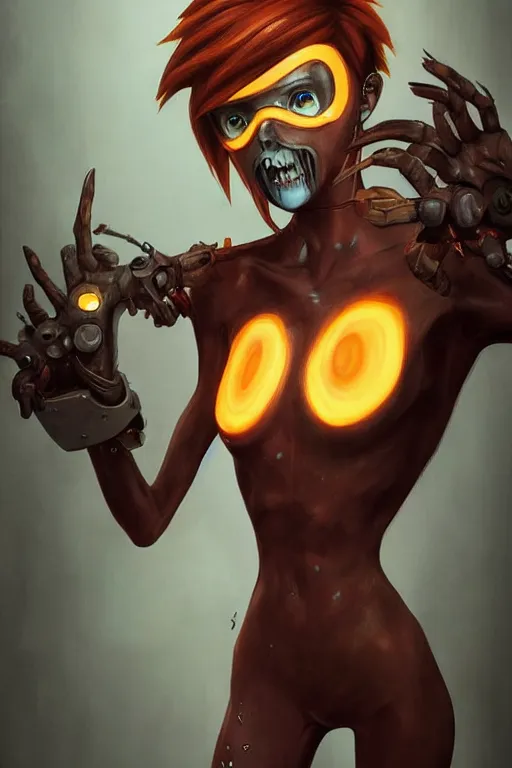 Prompt: full body painting of tracer from overwatch, in style of zdzisław beksinski, scary, horror, 4 k, feminine facial features, overwatch tracer character, horror, body horror, disturbing, detailed face, black tendrils, tall, long legs,
