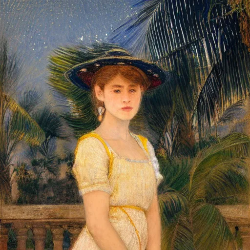 Image similar to a ultradetailed beautiful painting of a girl at night on the amazonas palace by jules bastien - lepage, hans belmer, frank weston and gustave baumann, trending on artstation, mediterranean, palm trees, light sparkles, sharp focus, soft light, 8 k 4 k