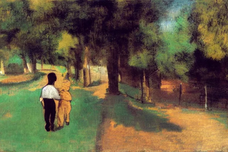 Image similar to a man with dark hair holding the hands of a young boy with dark hair as they walk down a suburban highway on a bright beautiful colorful day. in the style of an edgar degas painting.
