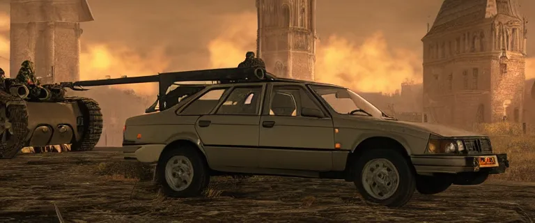 Image similar to Armored and Armed Military Audi 80 B3 Avant (1988) with a mounted M249 with soldiers on, Dark Souls 3, Eldritch Horrors, Wretched and Corrupted Knights, Heavy Battle, Fight, Car vs Knight, gunshots fired, a grim fantasy, Anor Londo, dramatic lighting, cinematic, establishing shot, extremely high detail, photorealistic, cinematic lighting, artstation, by simon stalenhag