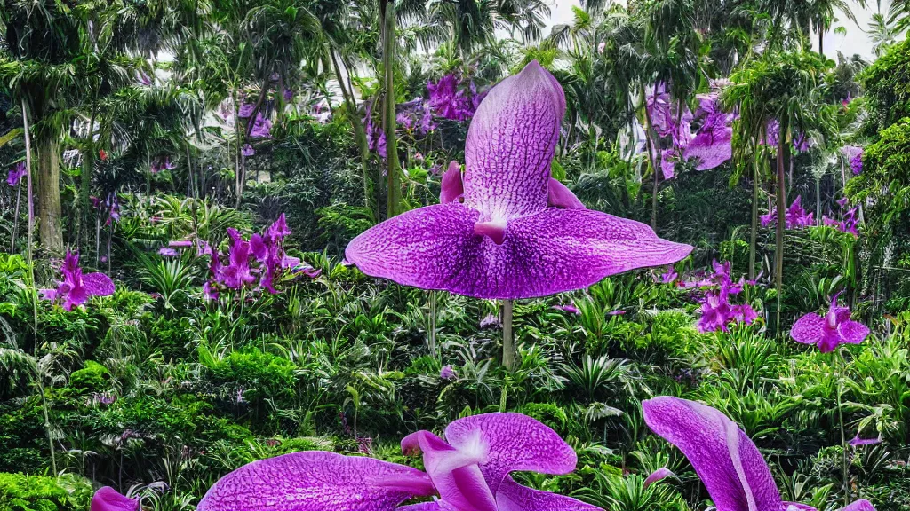 Image similar to giant purple orchid growing of out gardens by the bay in singapore. andreas achenbach, artgerm, mikko lagerstedt, zack snyder, tokujin yoshioka