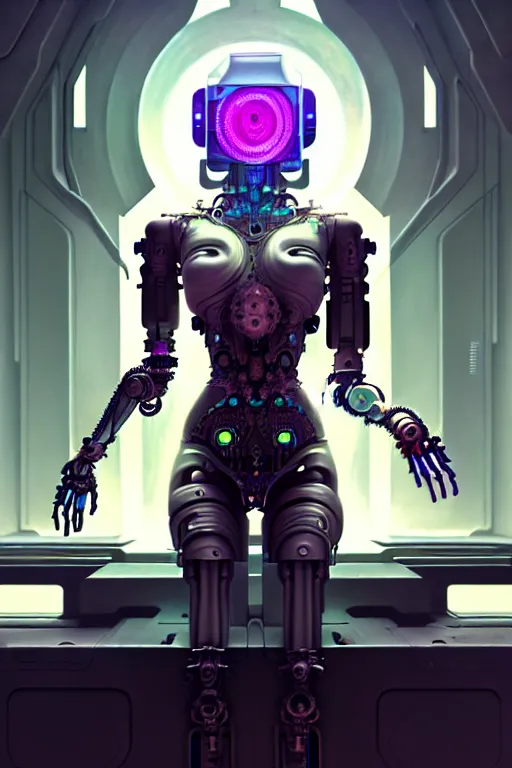 Image similar to ultra detailed female android deity, robot, cyborg, altar, futuristic gothic environment, ethereal flowerpunk, scifi, fantasy, cyberpunk, octane render, megalopolis, unreal engine, asymmetrical!!! intricate concept art, triadic color, art by artgerm and wlop and giger and greg rutkowski and alphonse mucha, 8 k