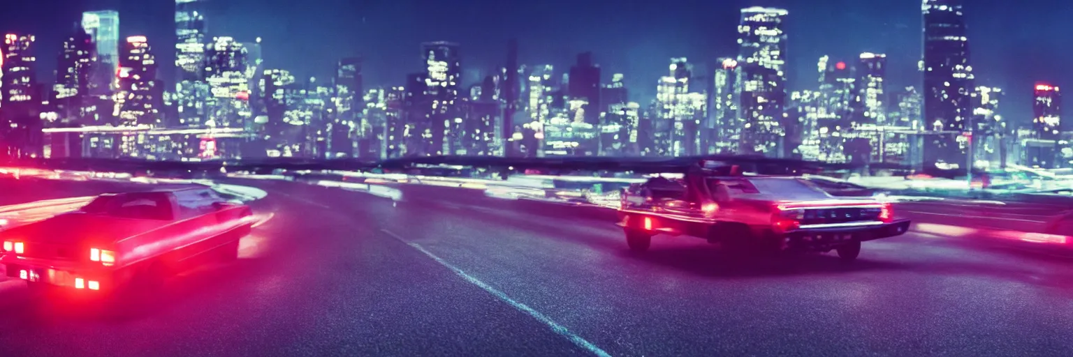 Image similar to 8 0 s neon movie still, high speed car chase on the highway with city in background, medium format color photography, 8 k resolution, movie directed by kar wai wong, hyperrealistic, photorealistic, high definition, highly detailed, tehnicolor, anamorphic lens