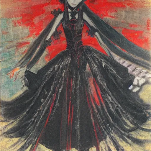 Image similar to A very soft and dark haunting oil painting of Hatsune Miku in a black ornate wedding dress, scarlet background, by Oskar Kokoschka, ethereal, evil presence, haunted painting