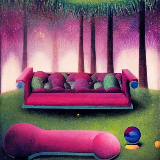 Prompt: psychedelic couch sofa in the lush forest, milky way, designed by arnold bocklin, jules bastien - lepage, tarsila do amaral, wayne barlowe and gustave baumann, cheval michael, trending on artstation, mediterranean, star, sharp focus, colorful refracted sparkles and lines, soft light, 8 k 4 k