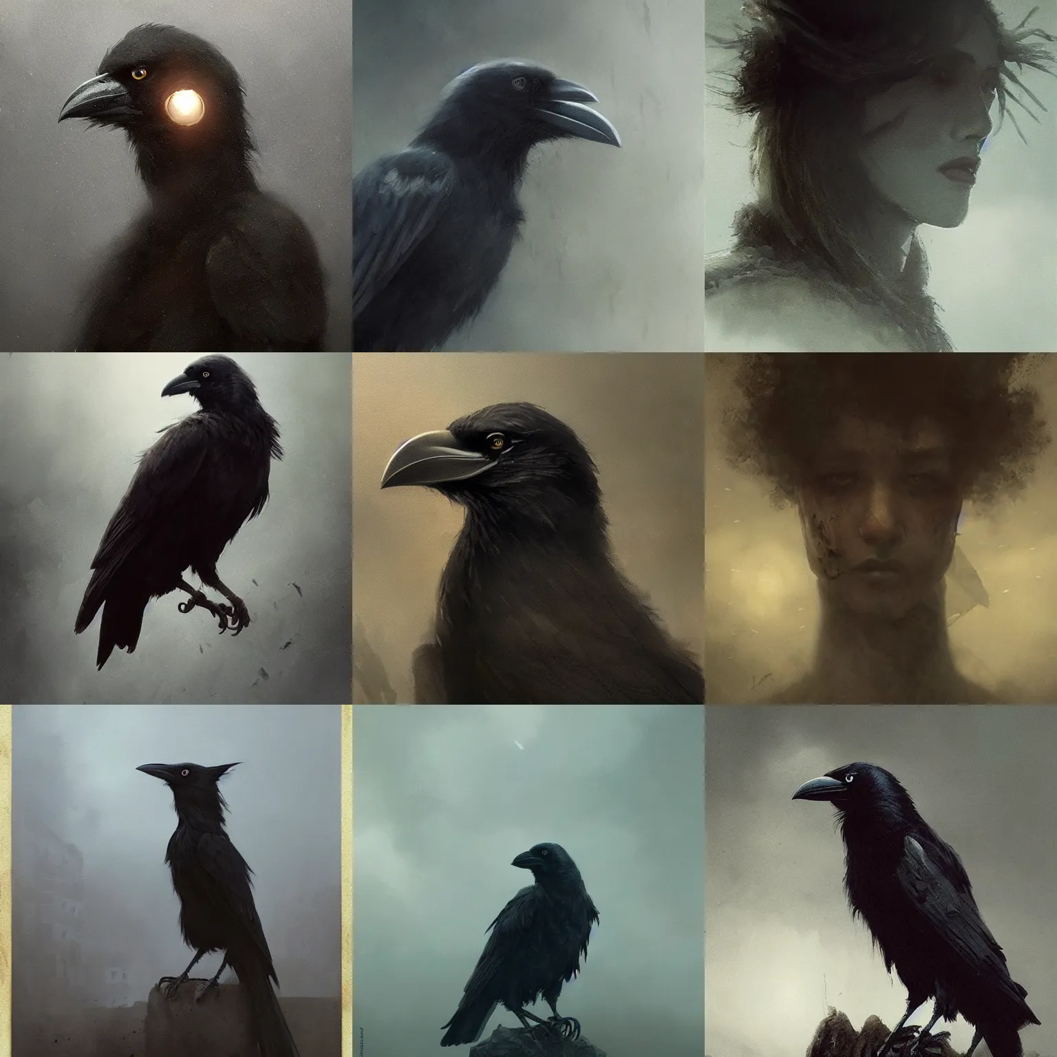 Prompt: crow cawing. full subject portrait. atmospheric lighting. foggy background. highly detailed matte painting by greg rutkowski.