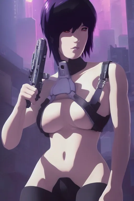 Prompt: a still fullbody portrait of motoko kusanagi ghost in the shell, finely detailed features, closeup at the faces, perfect art, at a cyberpunk city, gapmoe yandere grimdark, trending on pixiv fanbox, by ilya kuvshinov, rossdraws, artgerm, octane render, unreal 3 d, volumetric light