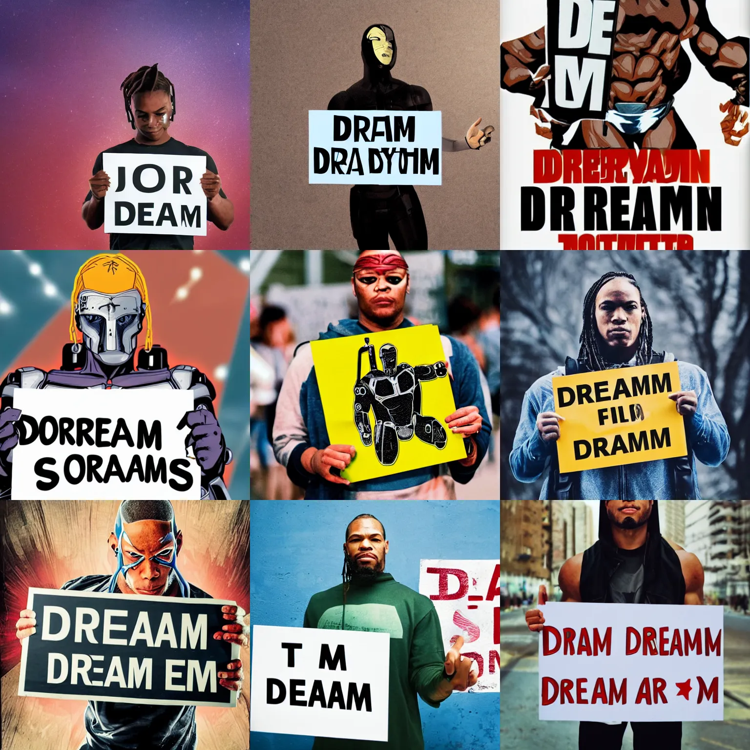 Prompt: cyborg holding a sign with text that reads : dream