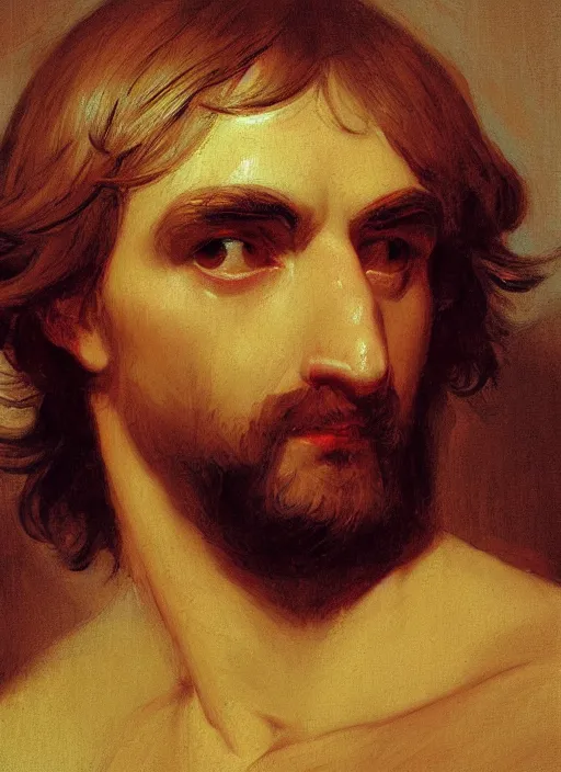 Image similar to close up portrait of an ancient greek, by ilya kuvshinov, by thomas lawrence, by bayard wu, symmetrical