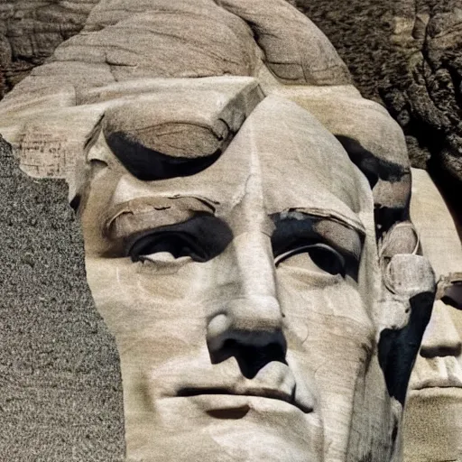 Prompt: a photo of mount rushmore after donald trump's face had been added. the photo depicts a distinguished - looking donald trump face carved into the stone at the mountain top