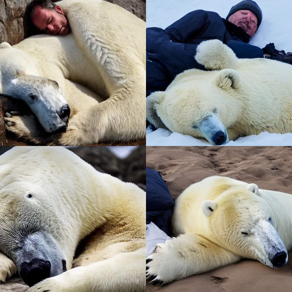 Prompt: man sleeping next to polar bear 4K wildlife photo