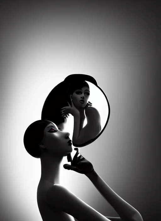 Image similar to surreal mythical dreamy dark artistic black and white fine art fashion portrait photo of a young beautiful delicate female metropolis robot kissing her mirror reflection, spiritual, halo, glory, rim light, cinematic, studio dramatic light, poetic, masterpiece, octane render, 8 k, photo - realistic by dora maar man ray