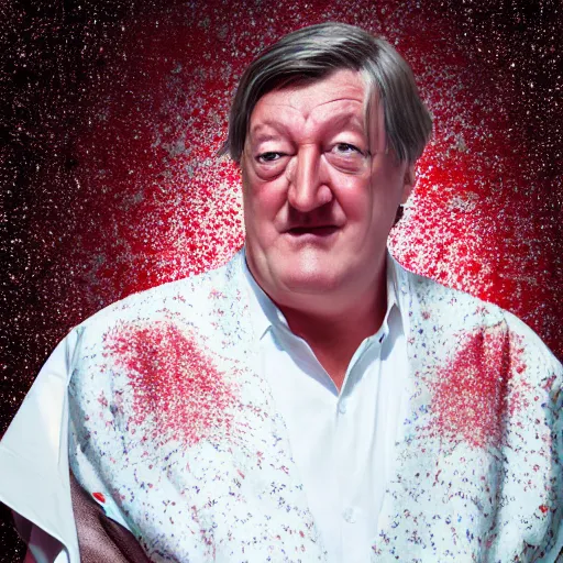 Prompt: Stephen Fry in a fancy kimono, unreal engine octane, red and white, portrait, glitter, depth of field, 8k, hyper detailed