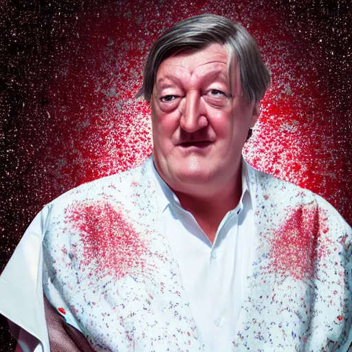 Image similar to Stephen Fry in a fancy kimono, unreal engine octane, red and white, portrait, glitter, depth of field, 8k, hyper detailed