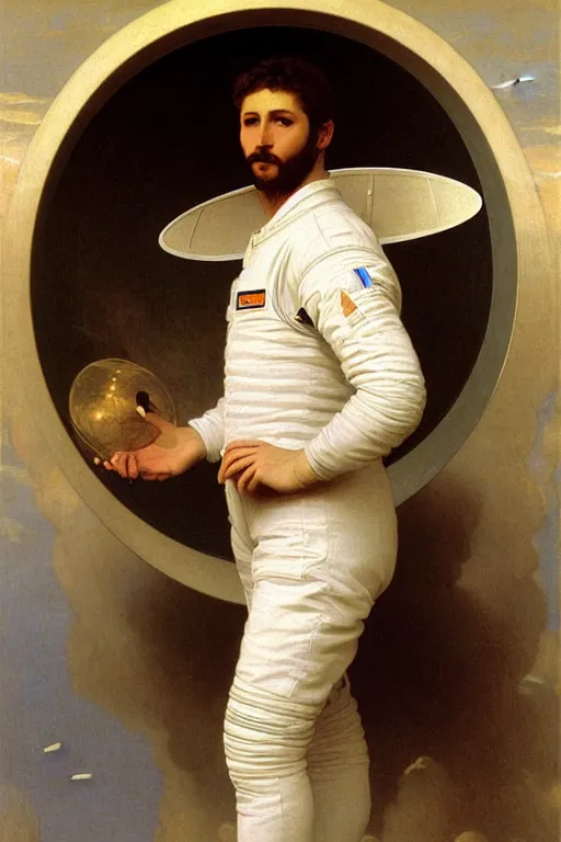 Image similar to portrait of a male astronaut, by bouguereau