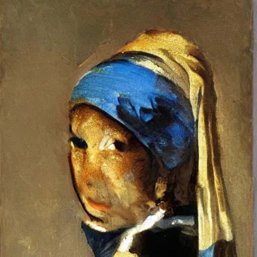 Image similar to a cat with a Pearl Earring by Johannes Vemeer, masterpiece, old master,