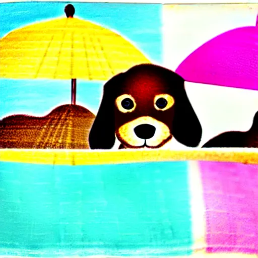 Image similar to two cute brown spaniel swimming by the seaside, parasols, bright towels, geometric, pop, sketch, artwork,lines