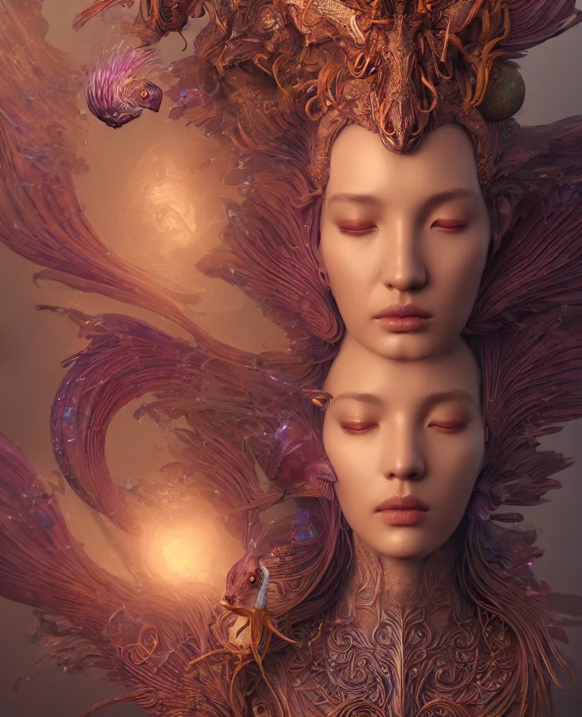 Image similar to goddess close-up portrait. orchid bird phoenix head, nautilus, skull, betta fish, bioluminiscent creatures, intricate artwork by Tooth Wu and wlop and beeple. octane render, trending on artstation, greg rutkowski very coherent symmetrical artwork. cinematic, hyper realism, high detail, octane render, 8k