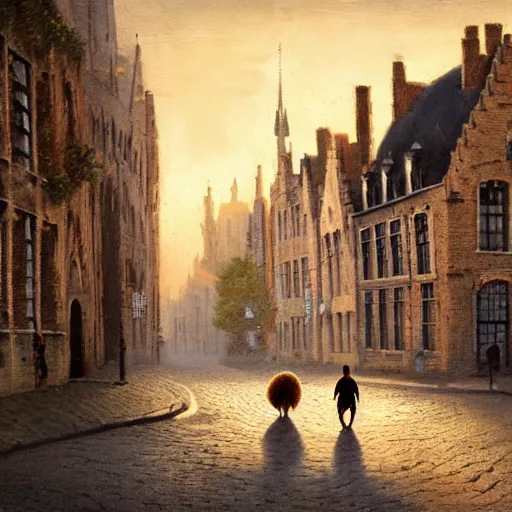 Prompt: 2 hedgehogs walking across the street in Bruges, Belgium, in the style of Greg Rutkowski, autumn, evening, romantic