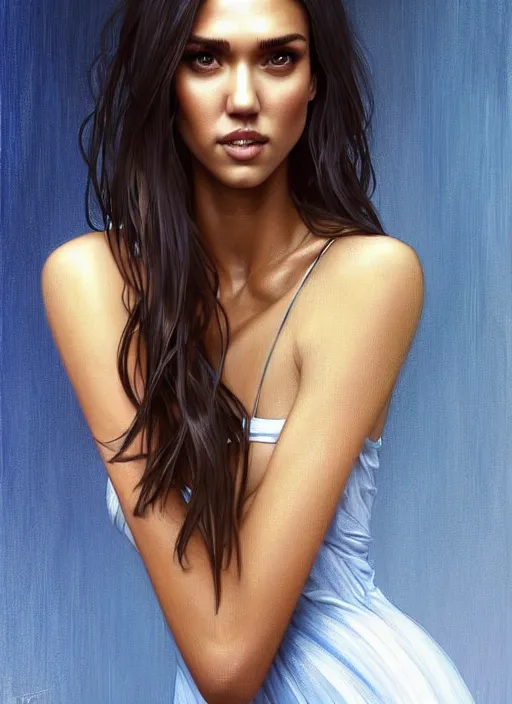 Image similar to portrait of woman who is a mix between jessica alba and megan fox, in a short blue and white dress, no shoes, intricate, full body shot, highly detailed, digital painting, artstation, concept art, sharp, smooth, crisp focus, cinematic lighting, illustration, art by artgerm and greg rutkowski, alphonse mucha, cgsociety