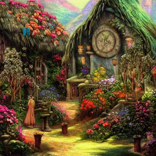 Image similar to garden in an elven village, fantasy, pastel