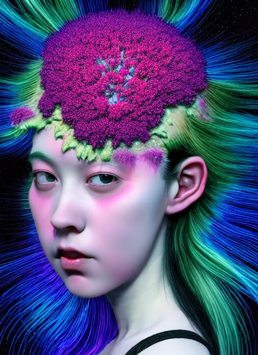 Prompt: hyper detailed 3d render like a Oil painting - kawaii portrait Aurora (black haired Fae) seen Eating of the Strangling network of yellowcake aerochrome and milky Fruit and Her delicate Hands hold of gossamer polyp blossoms bring iridescent fungal flowers whose spores black the foolish stars by Jacek Yerka, Mariusz Lewandowski, Houdini algorithmic generative render, Abstract brush strokes, Masterpiece, Edward Hopper and James Gilleard, Zdzislaw Beksinski, Mark Ryden, Wolfgang Lettl, hints of Yayoi Kasuma, octane render, 8k