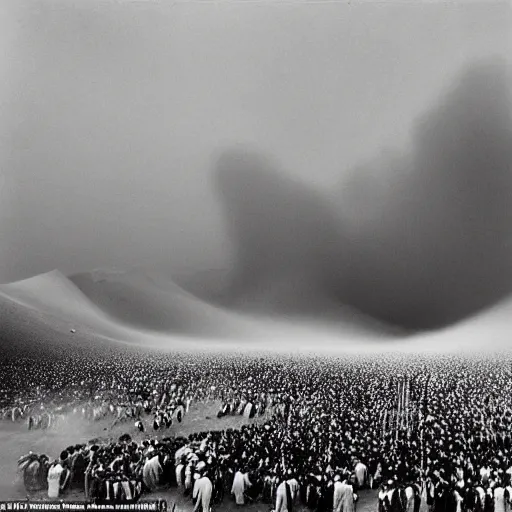 Prompt: an indigenous crowd of spiritual healers mountain of shaman bodies in sandstorm, under abduction ovni light portal, sebastiao salgado