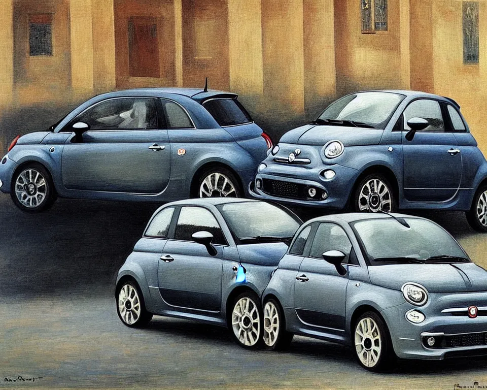 Prompt: achingly beautiful painting of a graphite 2 0 1 3 fiat 5 0 0 abarth by rene magritte, monet, and turner.