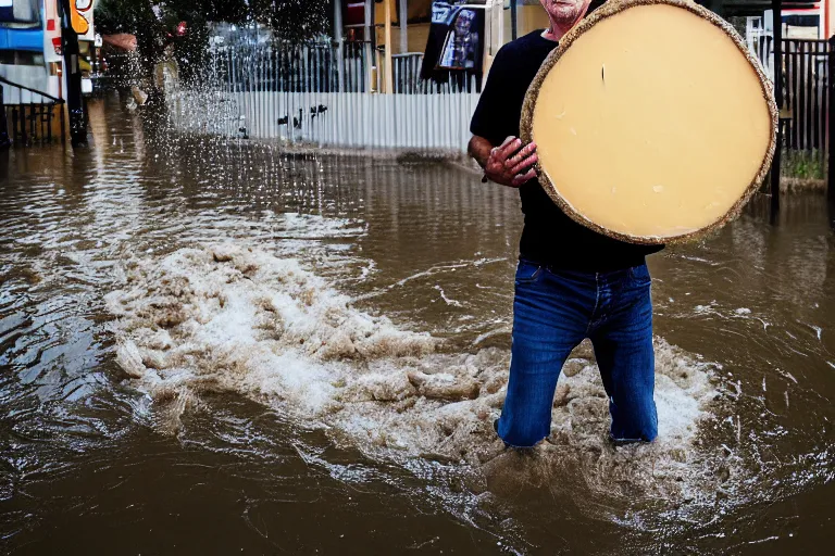 Image similar to closeup portrait of a man carrying a wheel of cheese over his head in a flood in North Terrace in Adelaide in South Australia, photograph, natural light, sharp, detailed face, magazine, press, photo, Steve McCurry, David Lazar, Canon, Nikon, focus