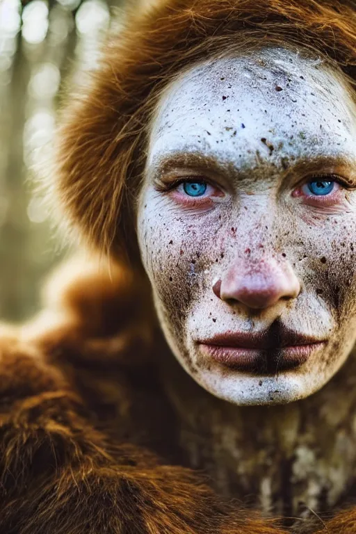 Image similar to a professional portrait photo of a gentle strong neanderthal woman in the forest in winter holding a spear, freckles and mud on face, black stripe painted side to side across her eyes, ginger hair and fur, extremely high fidelity, natural lighting,