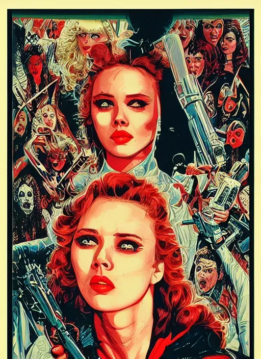 Prompt: scarlett johannson as the final girl on a vintage 1 9 8 0 s movie poster, slasher, horror, high details, intricate details, by vincent di fate, artgerm julie bell beeple, 1 9 8 0 s, inking, vintage 8 0 s print, screen print