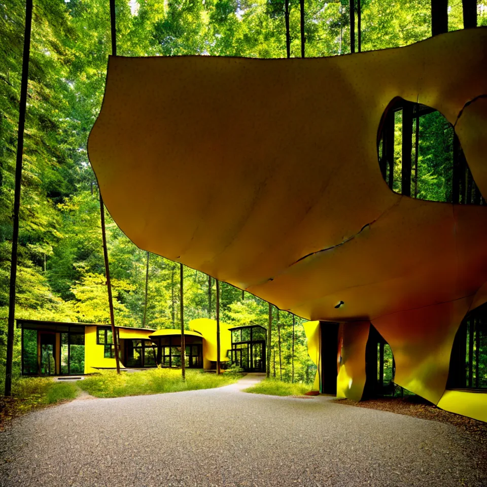 Prompt: a gravel road leading to a mid-century modern house with large windows in a forest, designed by Frank Gehry. Big tiles. Film grain, cinematic, yellow hue