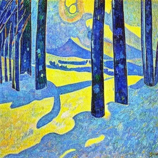 Prompt: light through the snow expressive art by gaugin