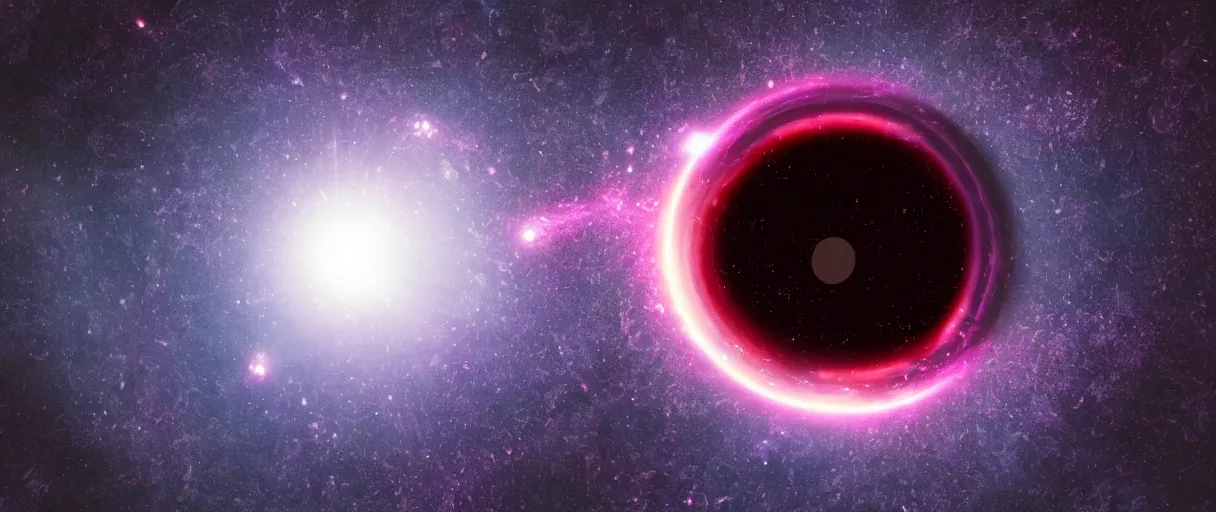 Image similar to realistic photo of one black hole in space, abstract symbolism, volumetric, particles, physical, translucence, cinematic lighting, iridescence