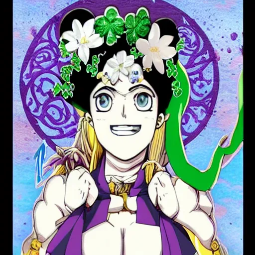 Image similar to a jojo's bizarre adventure manga artstyle colorful sketch : Marie the mother of Jesus resembling Jolyne Kujo, smiling with her mouth shut, not looking at the camera, with a saint aureola, black and white, wearing a veil, shamrocks and lilies in the background by by hirohiko araki shonen jump, crisp details, realistic, featured on Artscape