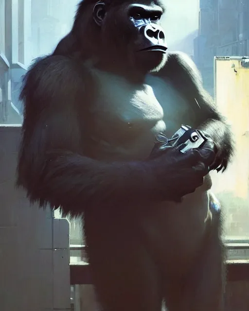 Image similar to cyberpunk gorilla at the computer. sci - fi art by greg rutkowski, gustave courbet, rosa bonheur, edward hopper. faithfully depicted facial expression, perfect anatomy, sharp focus, global illumination, radiant light, detailed and intricate environment, trending on artstation