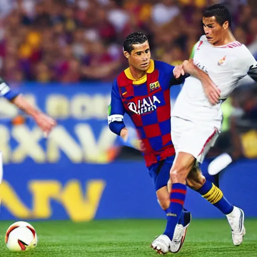 Prompt: Cristiano Ronaldo and Lionel Messy playing together in FC Barcelona. Realistic.