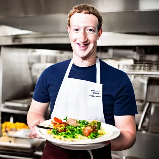 Prompt: Mark Zuckerberg as a restaurant chef EOS-1D, f/1.4, ISO 200, 1/160s, 8K, RAW, unedited, symmetrical balance, in-frame, Photoshop, Nvidia, Topaz AI