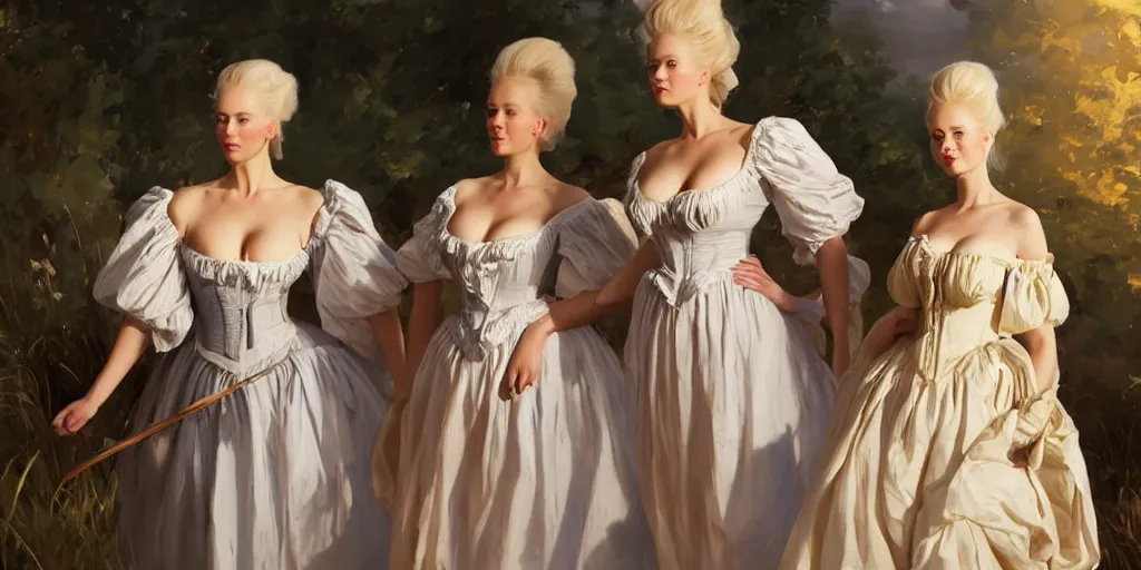 Prompt: three beautiful finnish norwegian scandinavian attractive glamour models as marie antoinette wearing 1 7 th century french off - the - shoulder neckline bodice walking in a field sunset jodhpurs greg manchess painting by sargent and leyendecker, studio ghibli fantasy close - up shot asymmetrical intricate elegant matte painting illustration hearthstone, by greg rutkowski by greg tocchini by james gilleard