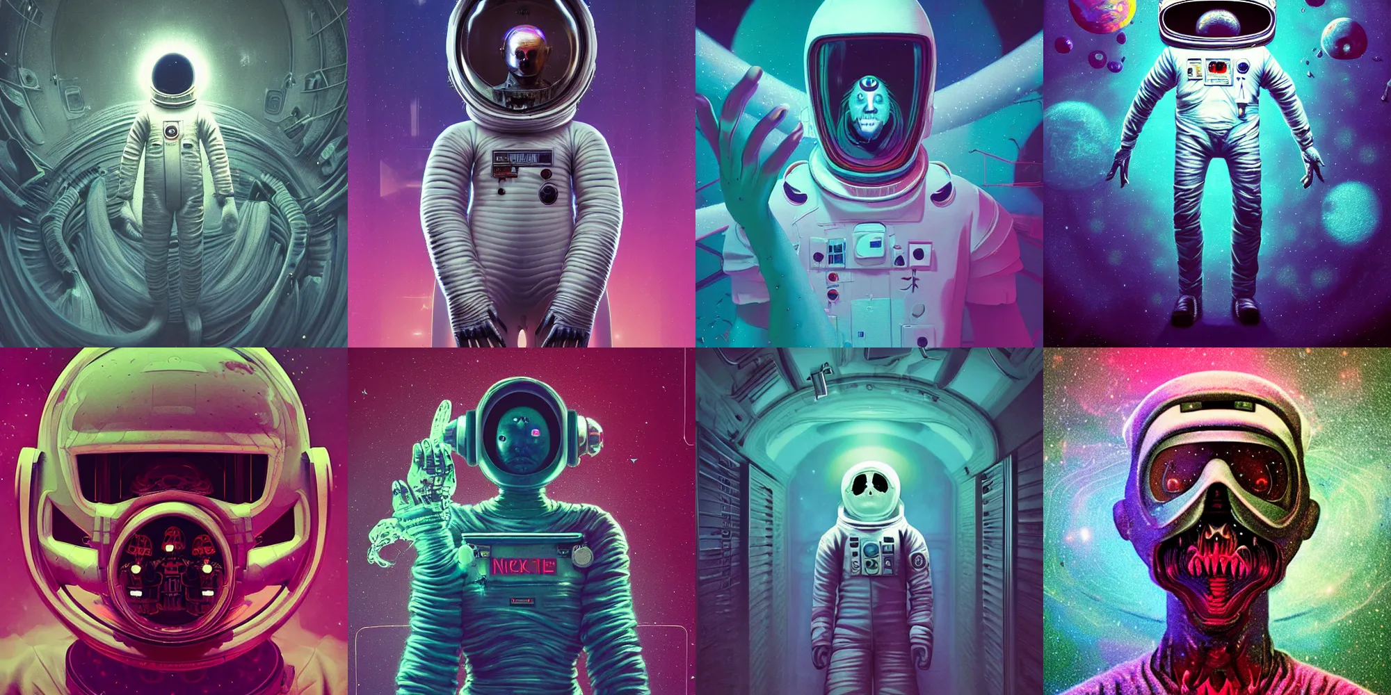 Prompt: beautiful scary astronaut, horror poster 9 0 s, cosmic horror, abstract, ghostly, arcade, duotone, poltergeist, lets get weird, intricate, elegant, highly detailed, smooth, sharp focus, unreal engine 5, raytracing, art by beeple and mike winkelmann, ultraviolet colors,