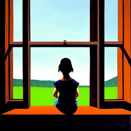 Image similar to a girl pensively looking out the window, painting by jeffrey smith