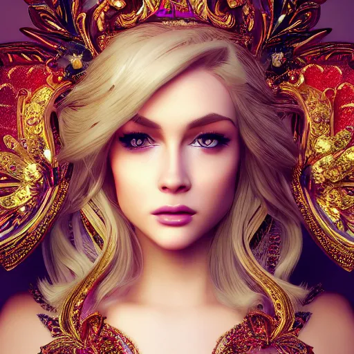 Prompt: portrait of princess, beautiful, attractive, glowing, ornate and intricate, jaw dropping, dynamic lighting, colorful, fairy tale, intricate and detailed, 4 k octane render, blonde hair red eyes