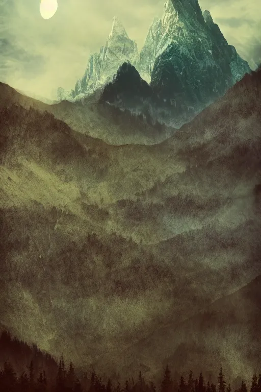 Prompt: digital matte fantasy dreamy mountain scape dark tones, 8 k by tyler hobbs #