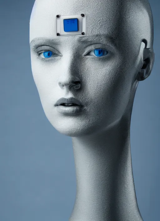 Image similar to a fashion portrait photograph of a robot head art directed by Alexander McQueen, blue color palette, 35mm, pentax, studio lighting