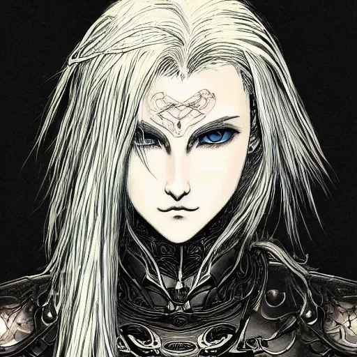 Image similar to character portrait of a girl with wavy white hair and black eyes in the style of yoshitaka amano drawn by alex maleev, highly detailed, elden ring armor with engraving, blurred edges, film grain effect