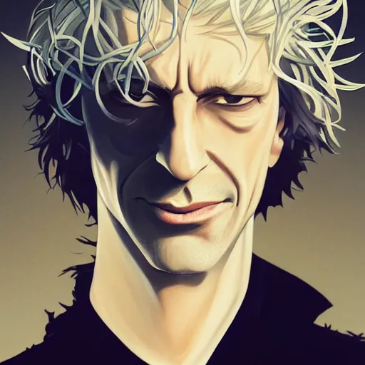 Image similar to closeup portrait of Neil Gaiman as The Sandman, pale skin, long black leather jacket, unruly hair, ambient lighting, 4k, anime key visual, lois van baarle, ilya kuvshinov, rossdraws, artstation