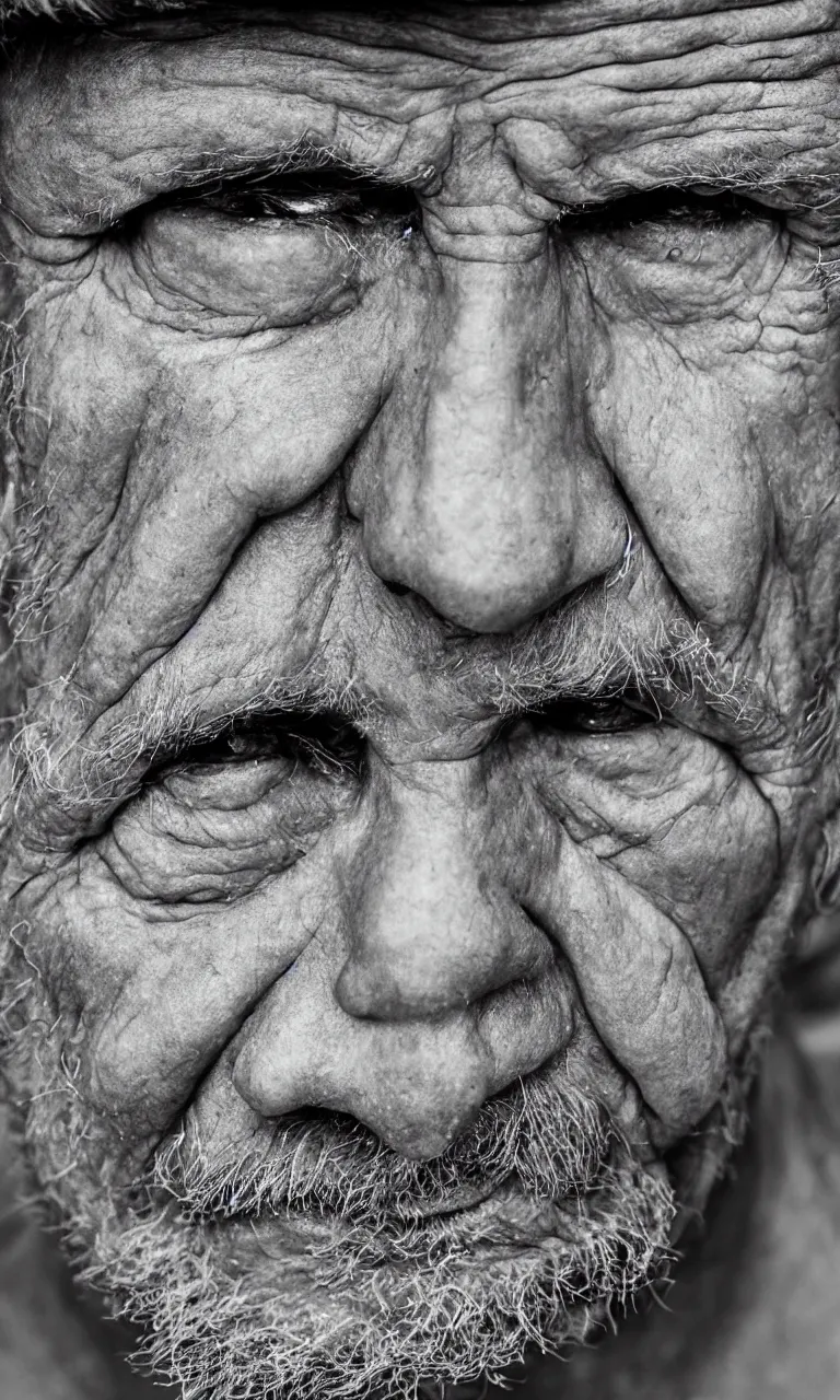 Image similar to an ancient man, extreme wrinkles, time weighs heavily, old beyond his years