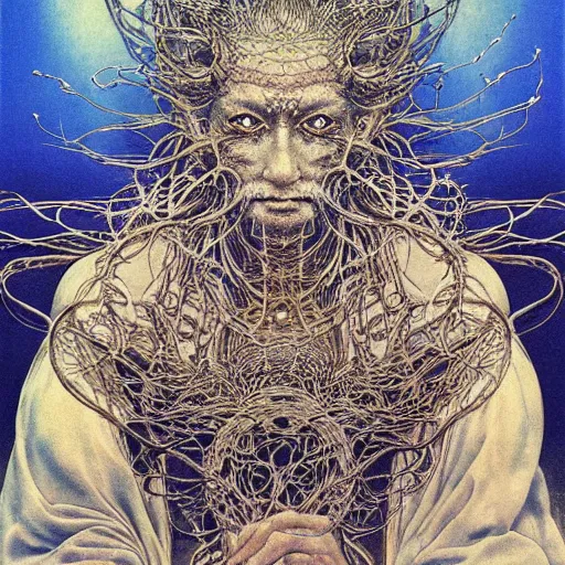 Image similar to simple concept art portrait of, ‘ the old god ’. an award winning yoshitaka amano digital art poster, by james gurney and gerhard richter. art by takato yamamoto. masterpiece, deep colours.